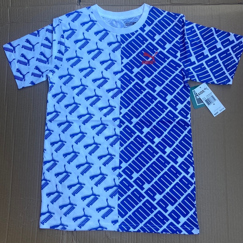 Puma Kids shirts white color with blue Puma logo..